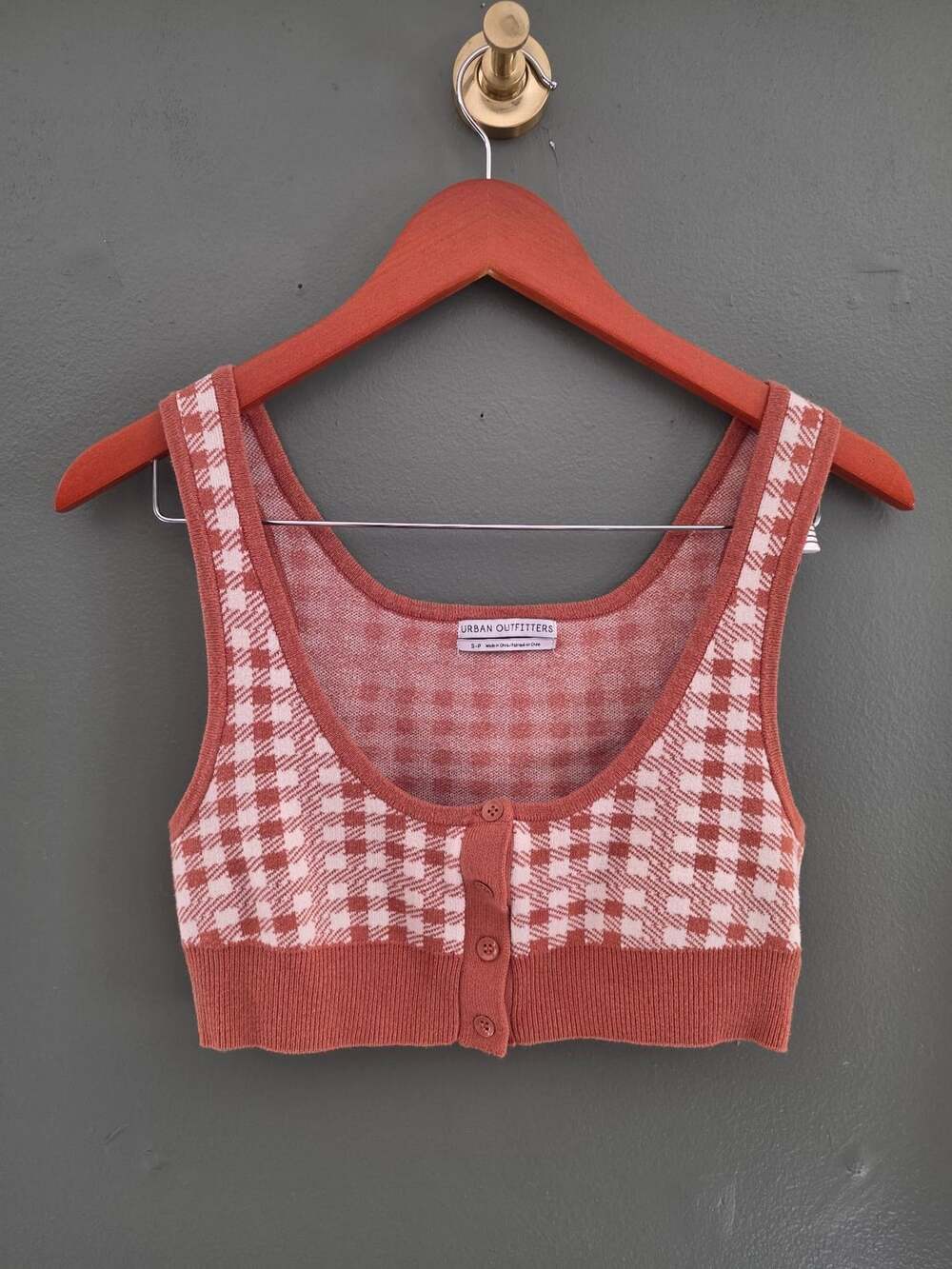 Urban Outfitters Orange and White Gingham Button Front Knit Crop Top